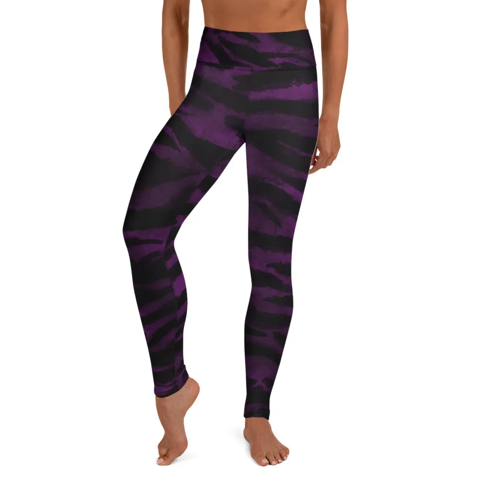 Purple Tiger Striped Yoga Leggings, Colorful Animal Print Women's Long Yoga Pants-Made in USA/EU
