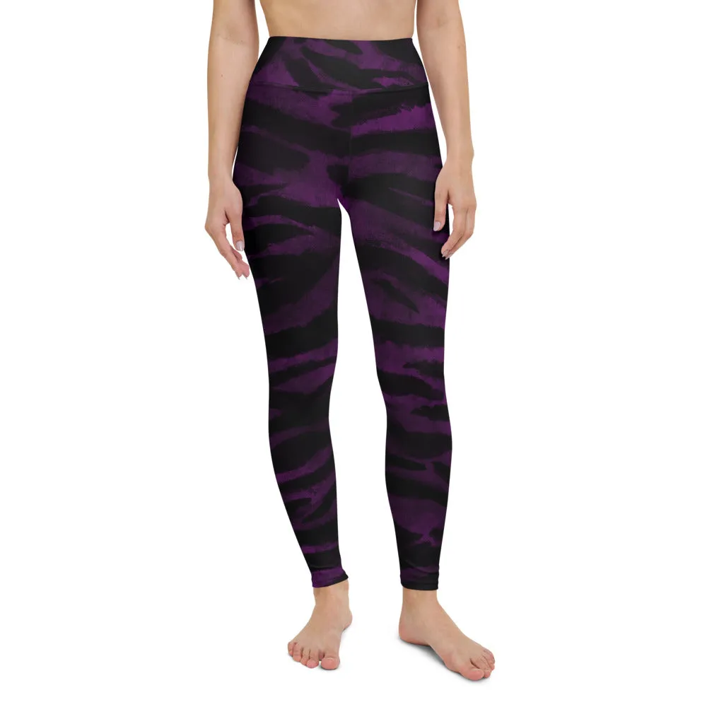 Purple Tiger Striped Yoga Leggings, Colorful Animal Print Women's Long Yoga Pants-Made in USA/EU