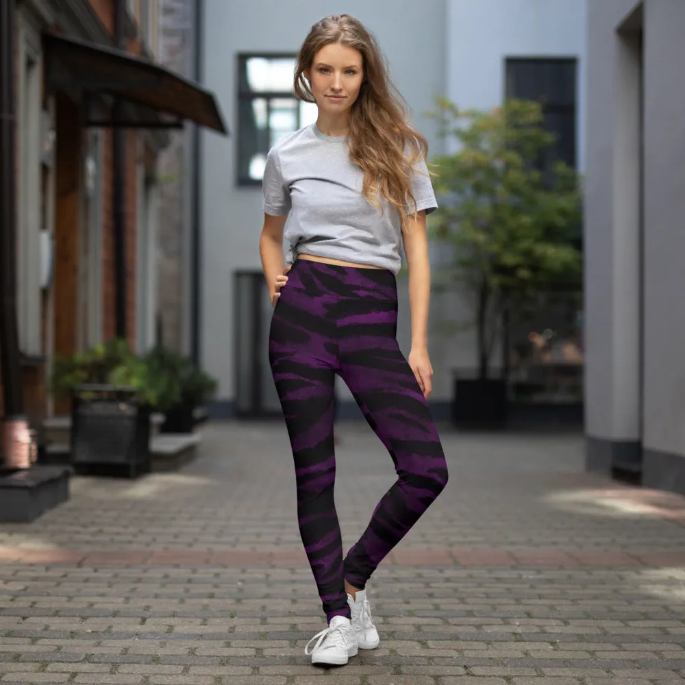 Purple Tiger Striped Yoga Leggings, Colorful Animal Print Women's Long Yoga Pants-Made in USA/EU