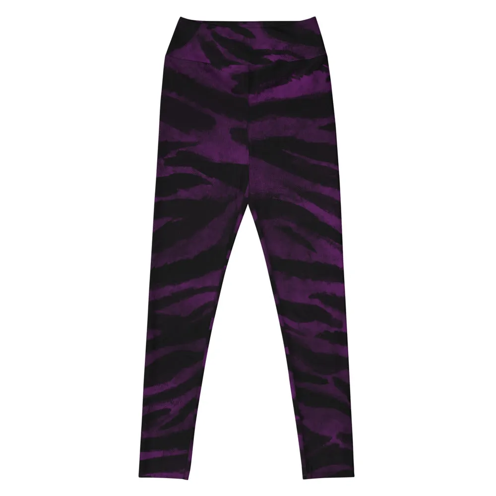 Purple Tiger Striped Yoga Leggings, Colorful Animal Print Women's Long Yoga Pants-Made in USA/EU