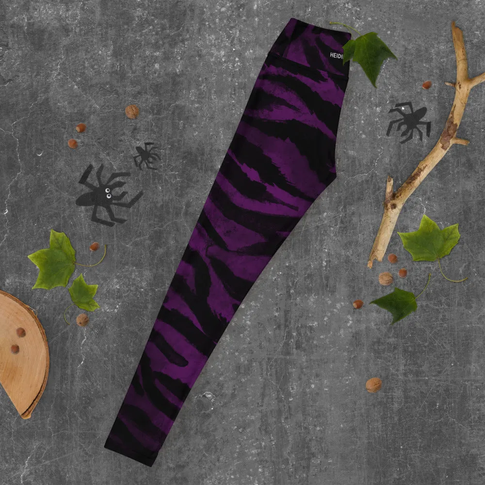 Purple Tiger Striped Yoga Leggings, Colorful Animal Print Women's Long Yoga Pants-Made in USA/EU
