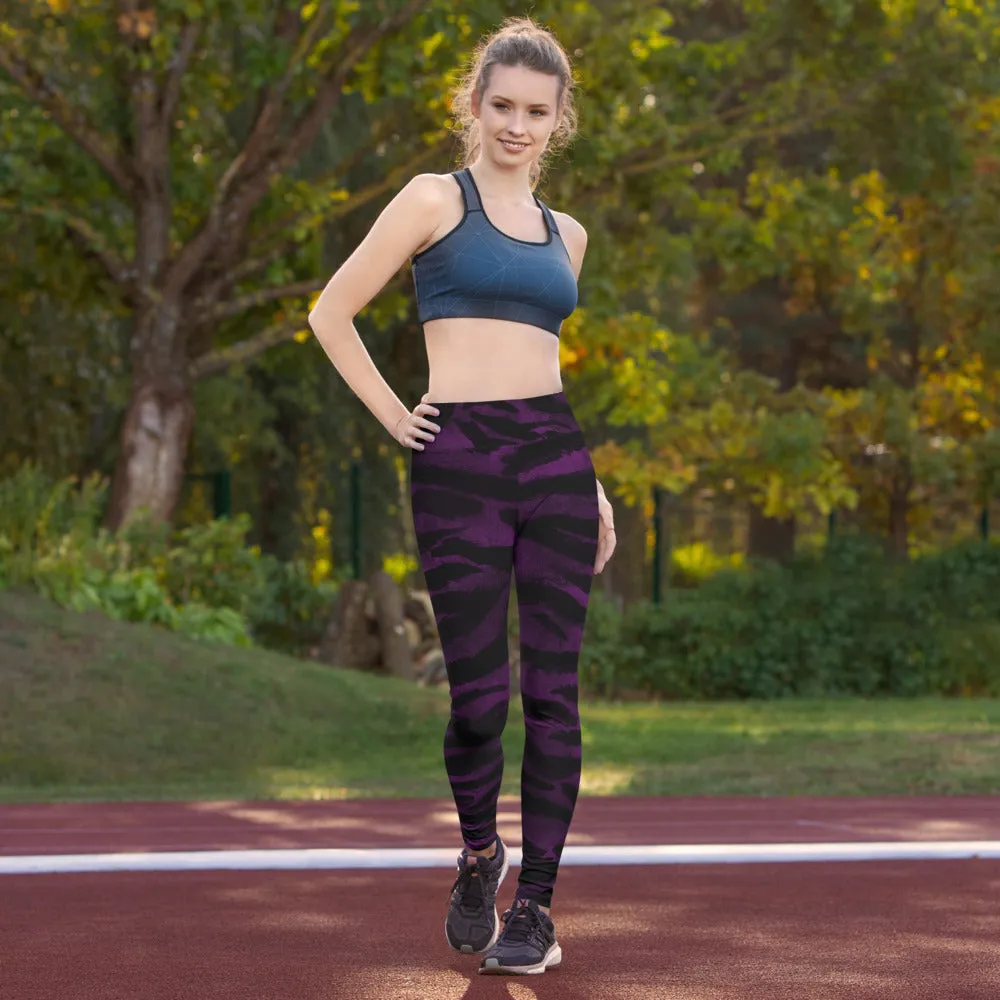Purple Tiger Striped Yoga Leggings, Colorful Animal Print Women's Long Yoga Pants-Made in USA/EU