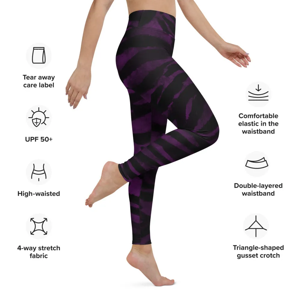 Purple Tiger Striped Yoga Leggings, Colorful Animal Print Women's Long Yoga Pants-Made in USA/EU
