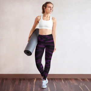 Purple Tiger Striped Yoga Leggings, Colorful Animal Print Women's Long Yoga Pants-Made in USA/EU