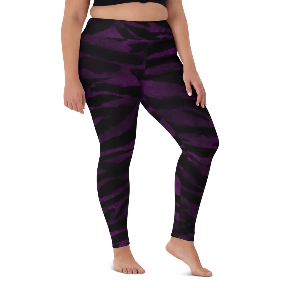 Purple Tiger Striped Yoga Leggings, Colorful Animal Print Women's Long Yoga Pants-Made in USA/EU