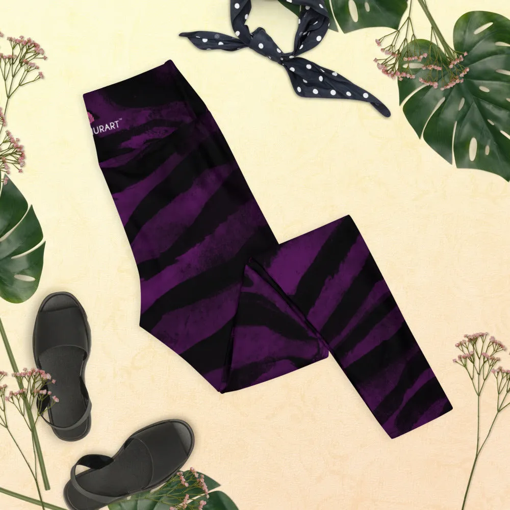 Purple Tiger Striped Yoga Leggings, Colorful Animal Print Women's Long Yoga Pants-Made in USA/EU