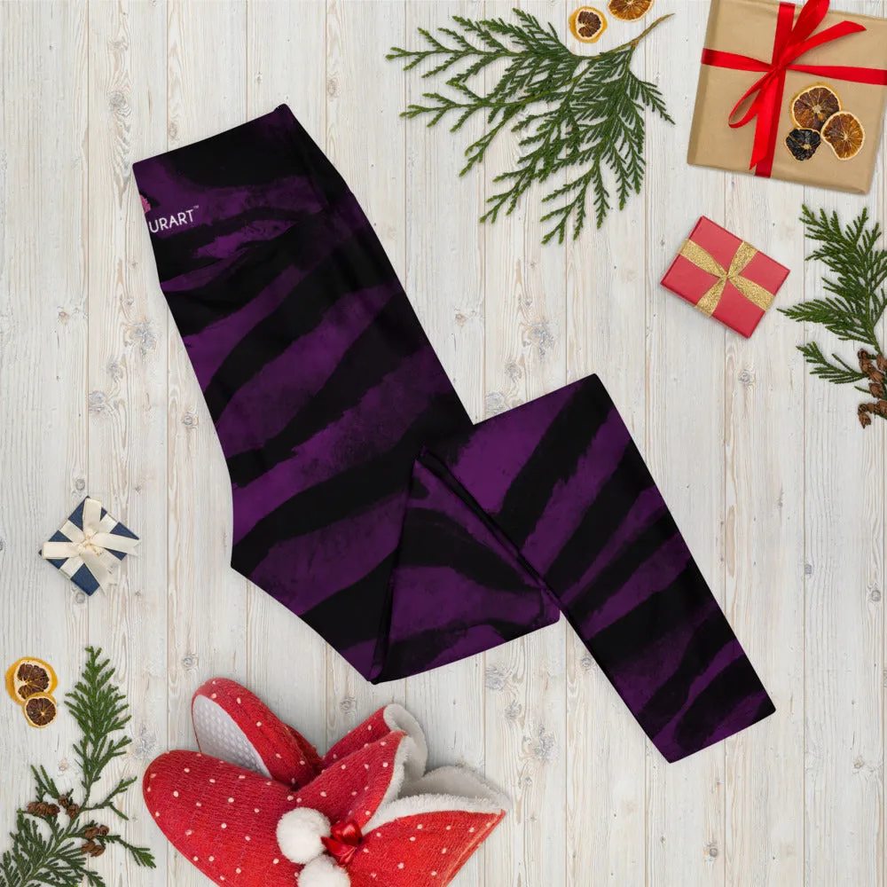 Purple Tiger Striped Yoga Leggings, Colorful Animal Print Women's Long Yoga Pants-Made in USA/EU