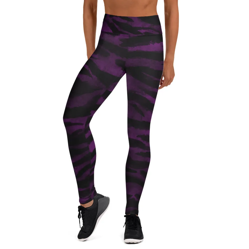 Purple Tiger Striped Yoga Leggings, Colorful Animal Print Women's Long Yoga Pants-Made in USA/EU