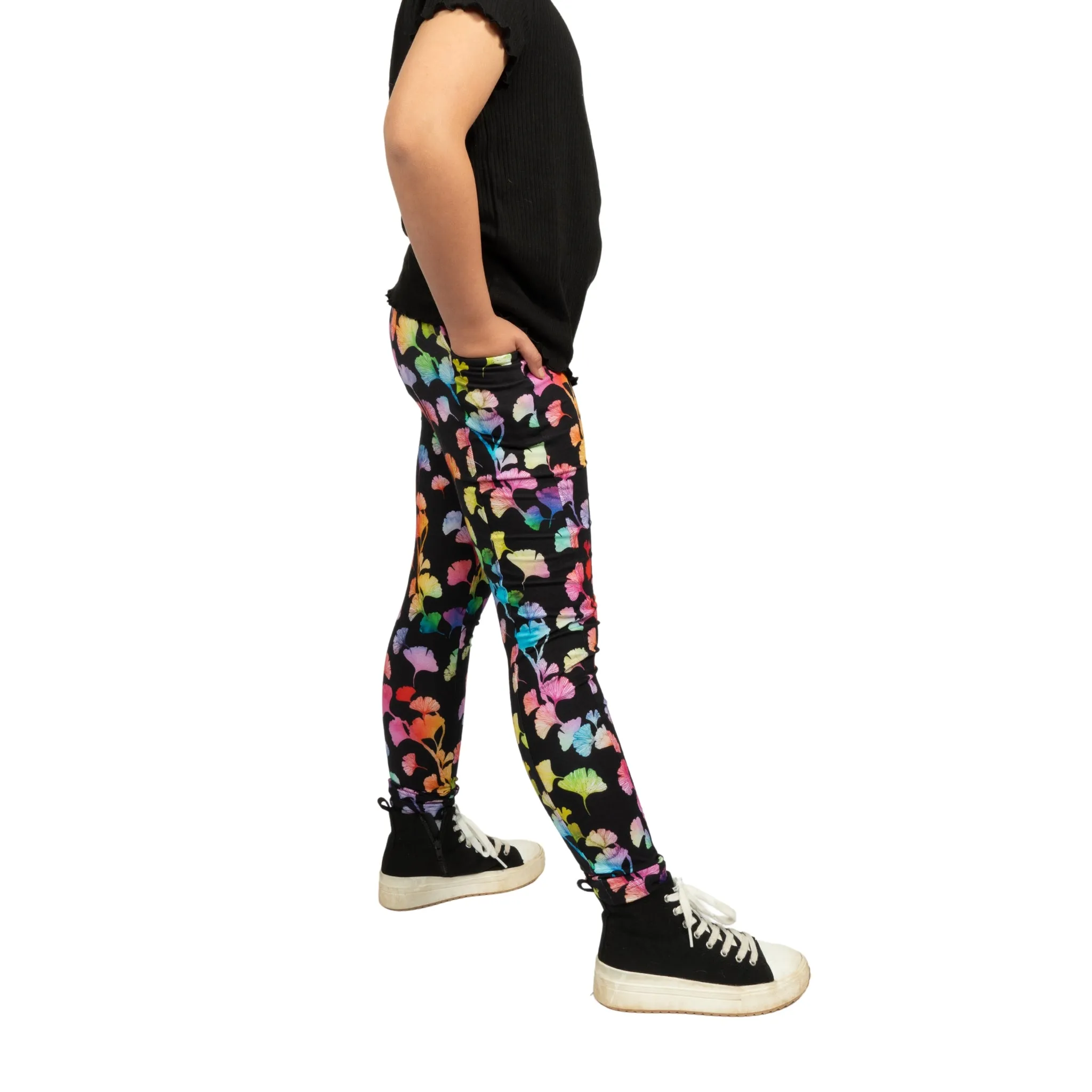 Rainbow Ginkgo Leaves Kids Leggings with Pockets