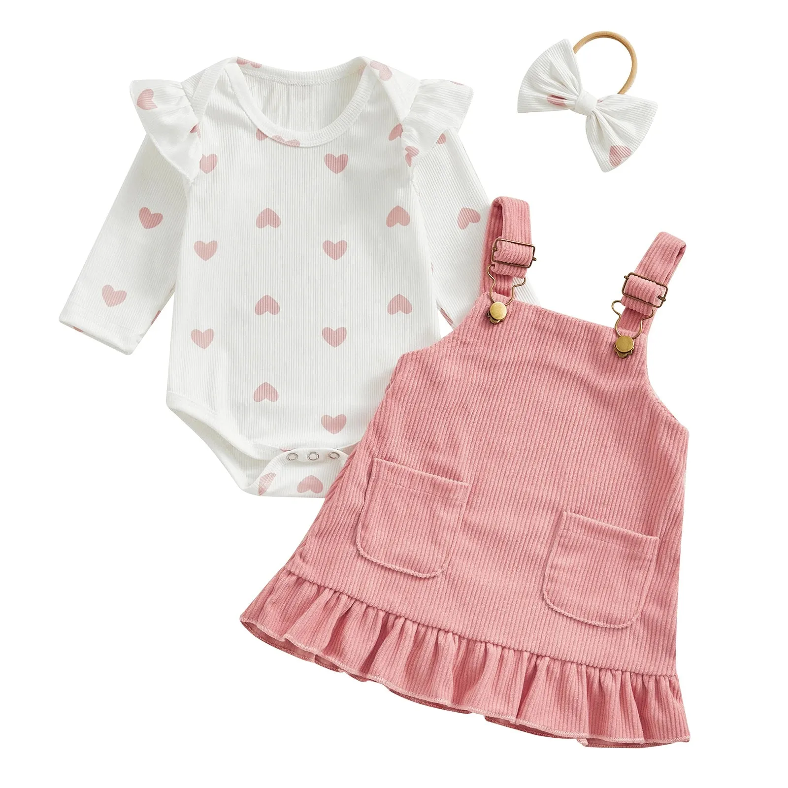 Ribbed Heart Print Romper, Headband & Corduroy Suspender Dress Set