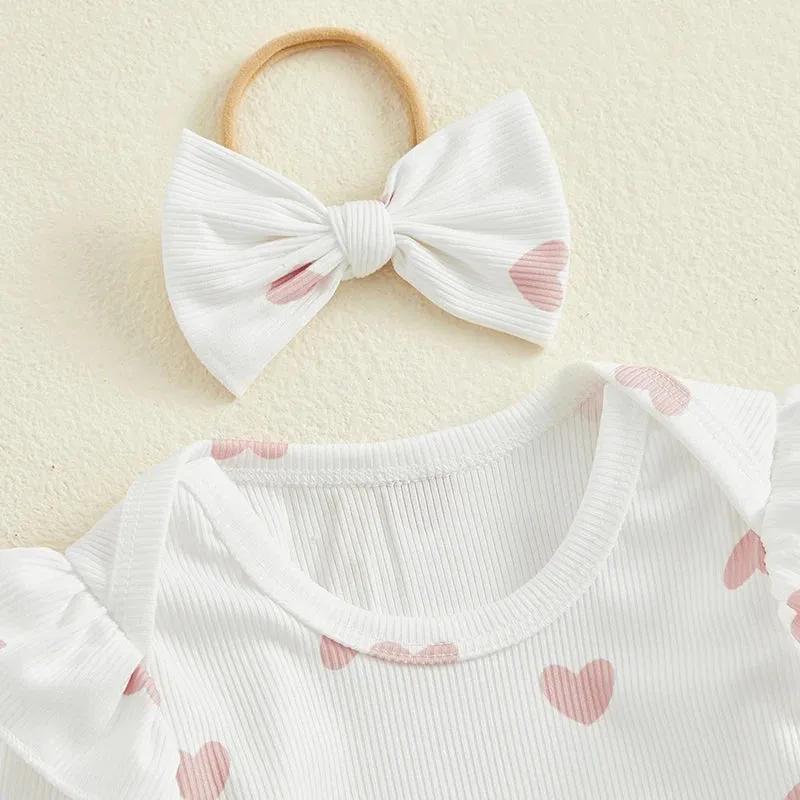 Ribbed Heart Print Romper, Headband & Corduroy Suspender Dress Set
