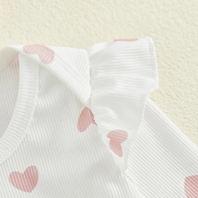 Ribbed Heart Print Romper, Headband & Corduroy Suspender Dress Set