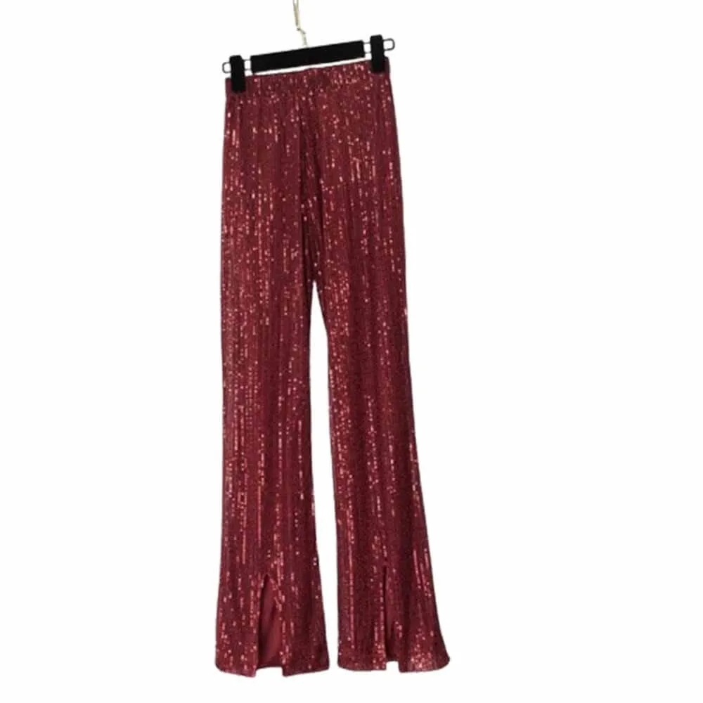 Shiny Sequined High Waist Flared Pants