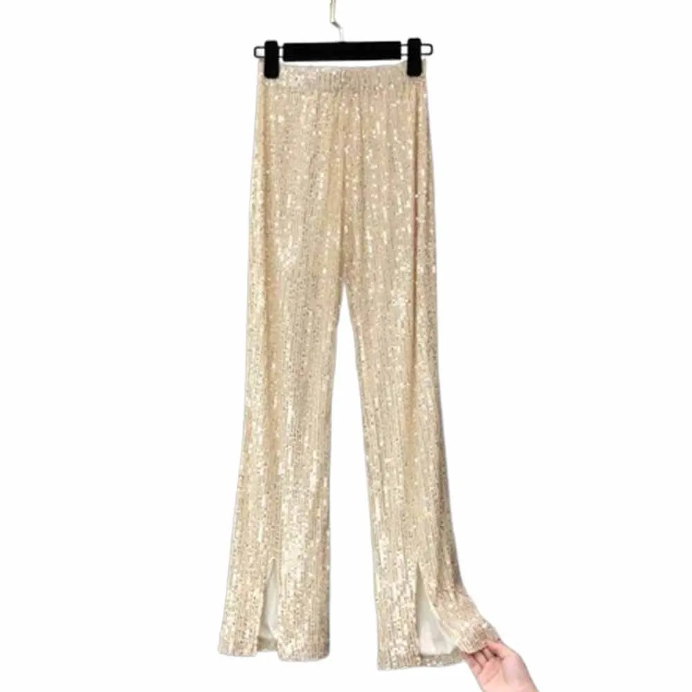 Shiny Sequined High Waist Flared Pants