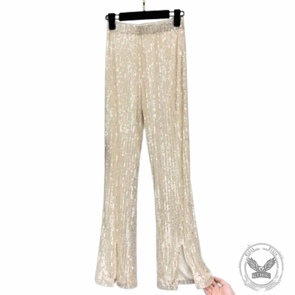 Shiny Sequined High Waist Flared Pants