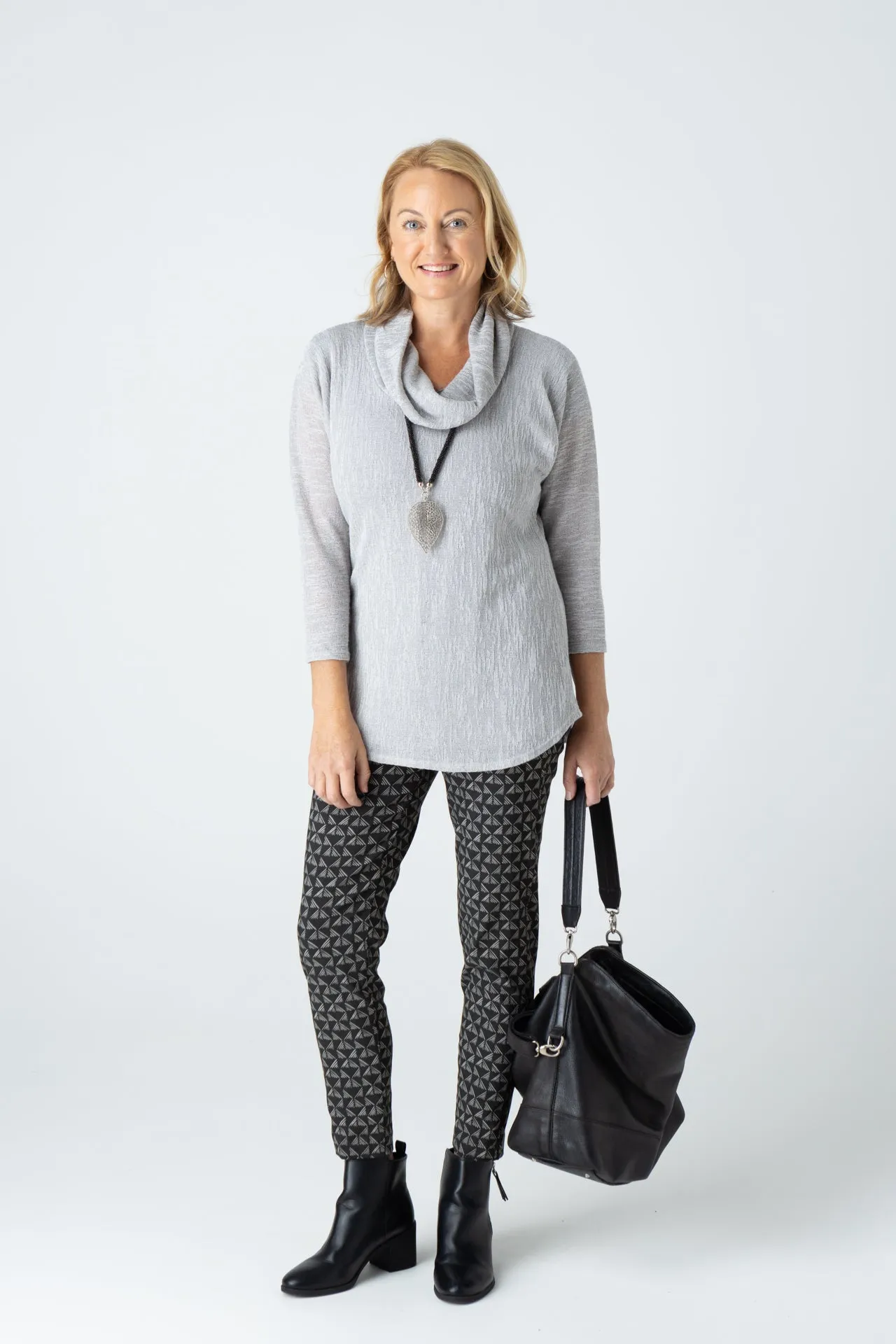 Silver Cowl Neck Poly/Rayon Knit 3/4 Sleeve Top