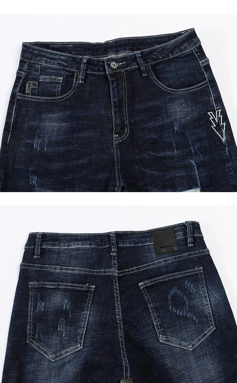 Skinny Ripped Embroidered Arrow Tapered Jeans - Dark Blue
