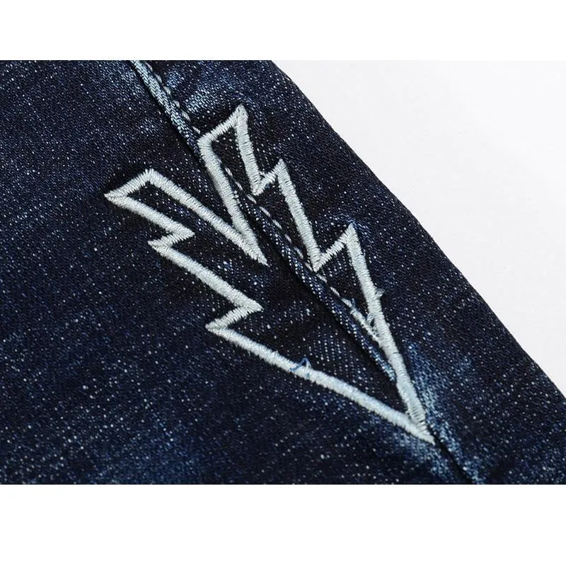 Skinny Ripped Embroidered Arrow Tapered Jeans - Dark Blue