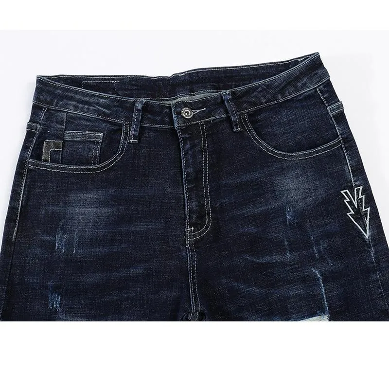 Skinny Ripped Embroidered Arrow Tapered Jeans - Dark Blue