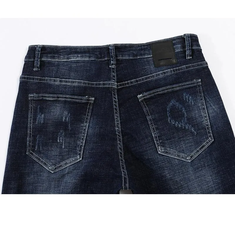 Skinny Ripped Embroidered Arrow Tapered Jeans - Dark Blue