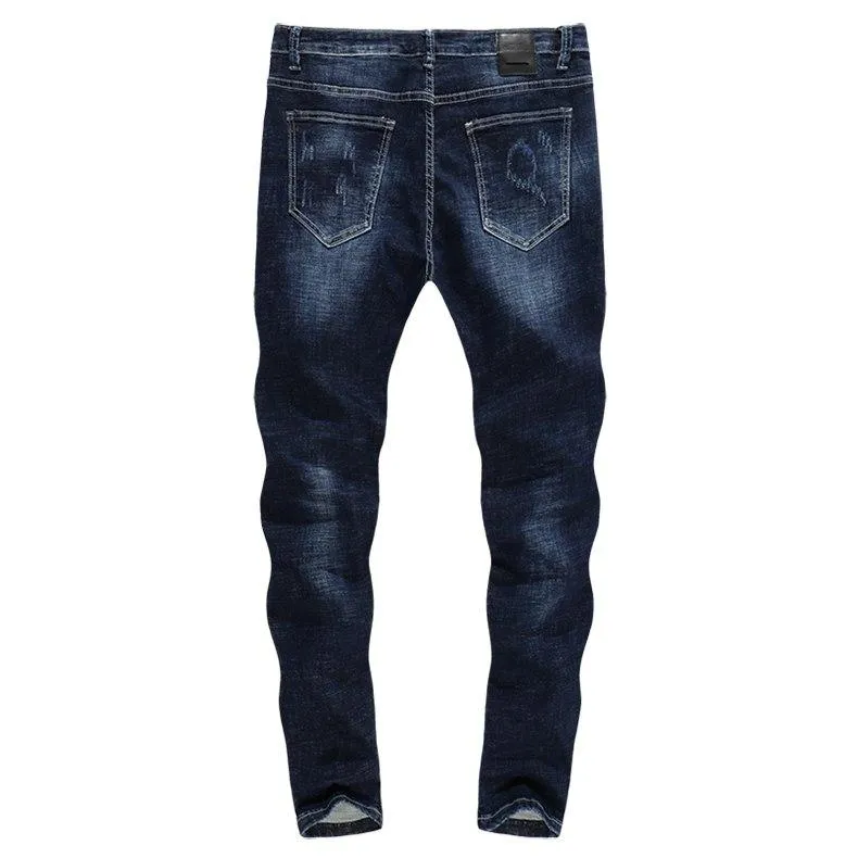 Skinny Ripped Embroidered Arrow Tapered Jeans - Dark Blue