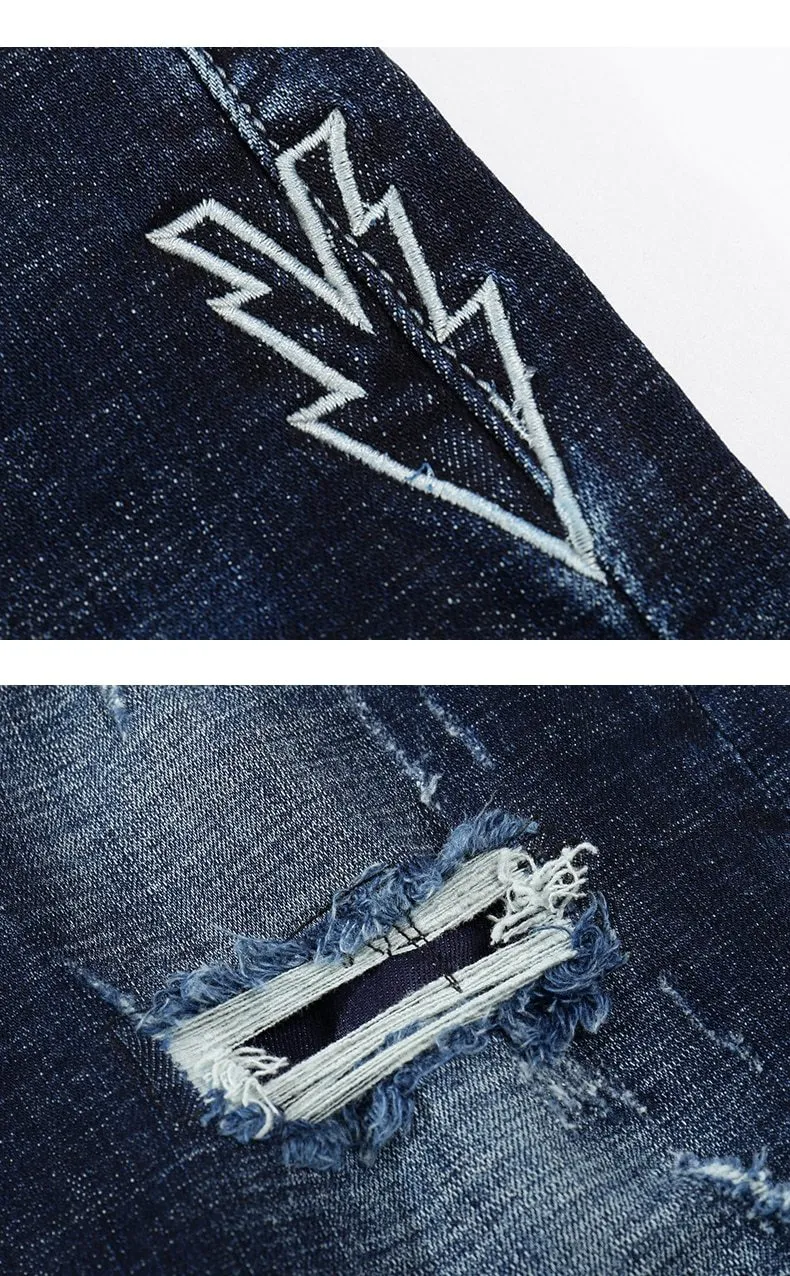 Skinny Ripped Embroidered Arrow Tapered Jeans - Dark Blue