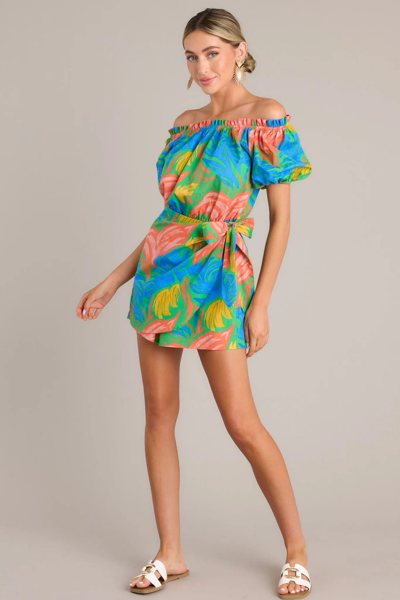 Tropicana Dream Green Tropical Print Off-The-Shoulder Romper