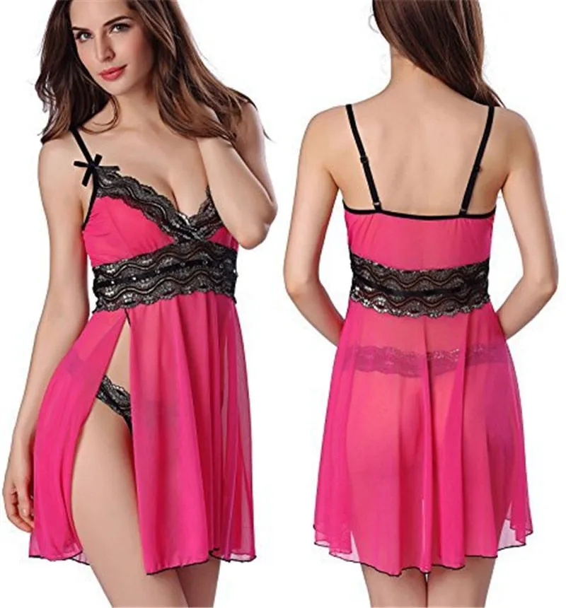 Venus Fox Women Sexy Temptation V Neck Lace Bow Sleepwear Night Dress Red High Waist Night Gown Babydolls Linegrie Split Underwear