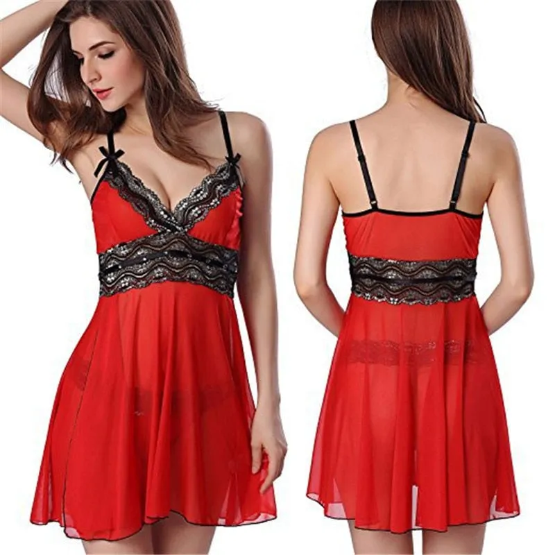 Venus Fox Women Sexy Temptation V Neck Lace Bow Sleepwear Night Dress Red High Waist Night Gown Babydolls Linegrie Split Underwear