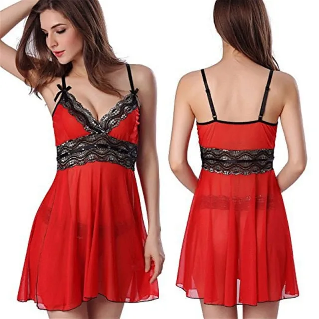 Venus Fox Women Sexy Temptation V Neck Lace Bow Sleepwear Night Dress Red High Waist Night Gown Babydolls Linegrie Split Underwear