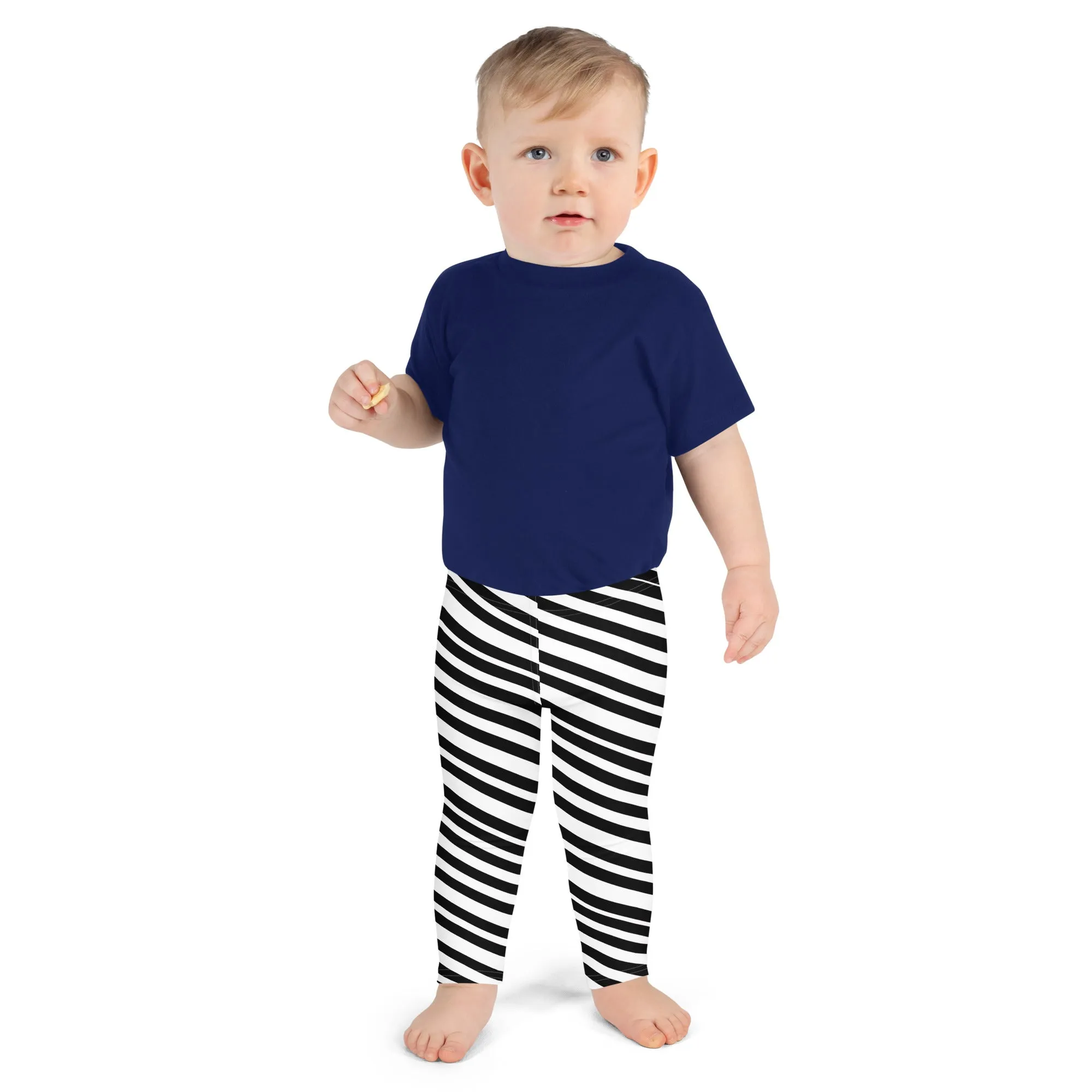 White Black Striped Kid's Leggings, Black White Diagonally Striped Kid's Fitness Tights-Made in USA/EU/MX
