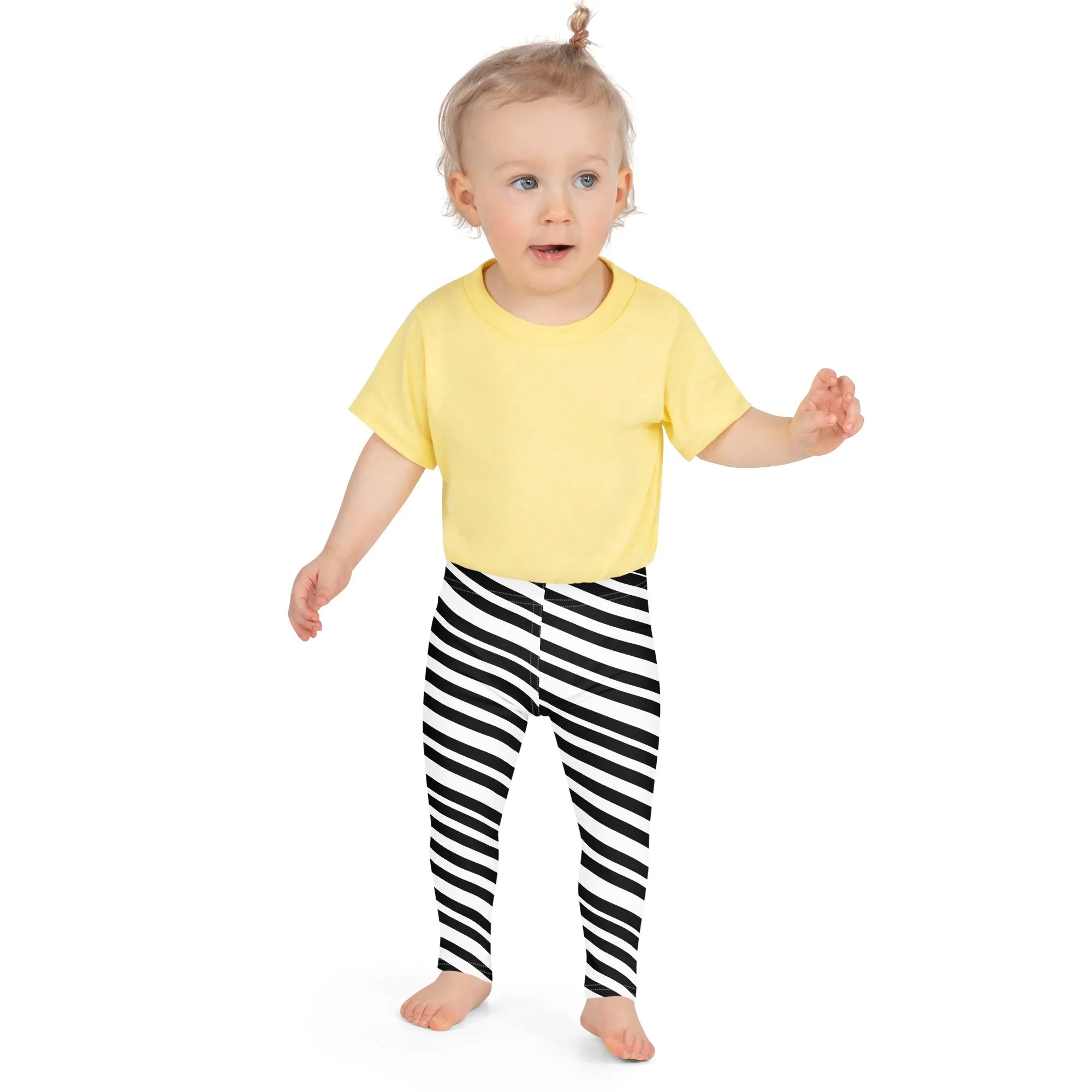White Black Striped Kid's Leggings, Black White Diagonally Striped Kid's Fitness Tights-Made in USA/EU/MX