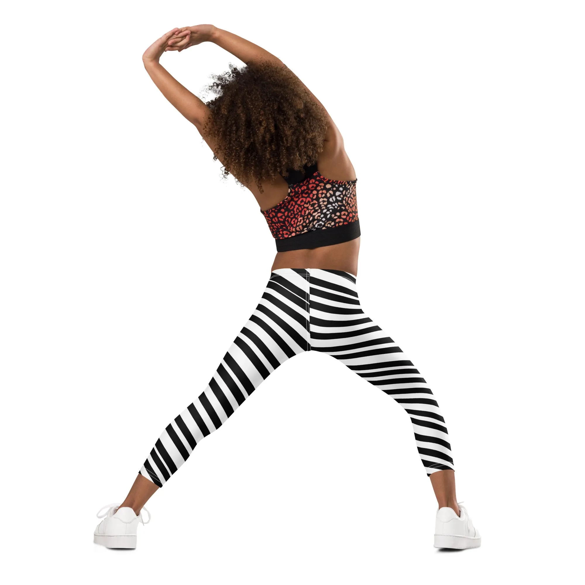 White Black Striped Kid's Leggings, Black White Diagonally Striped Kid's Fitness Tights-Made in USA/EU/MX