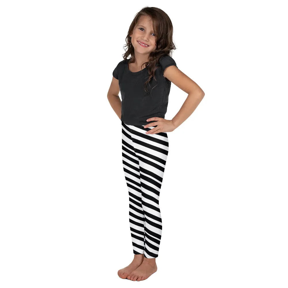 White Black Striped Kid's Leggings, Black White Diagonally Striped Kid's Fitness Tights-Made in USA/EU/MX