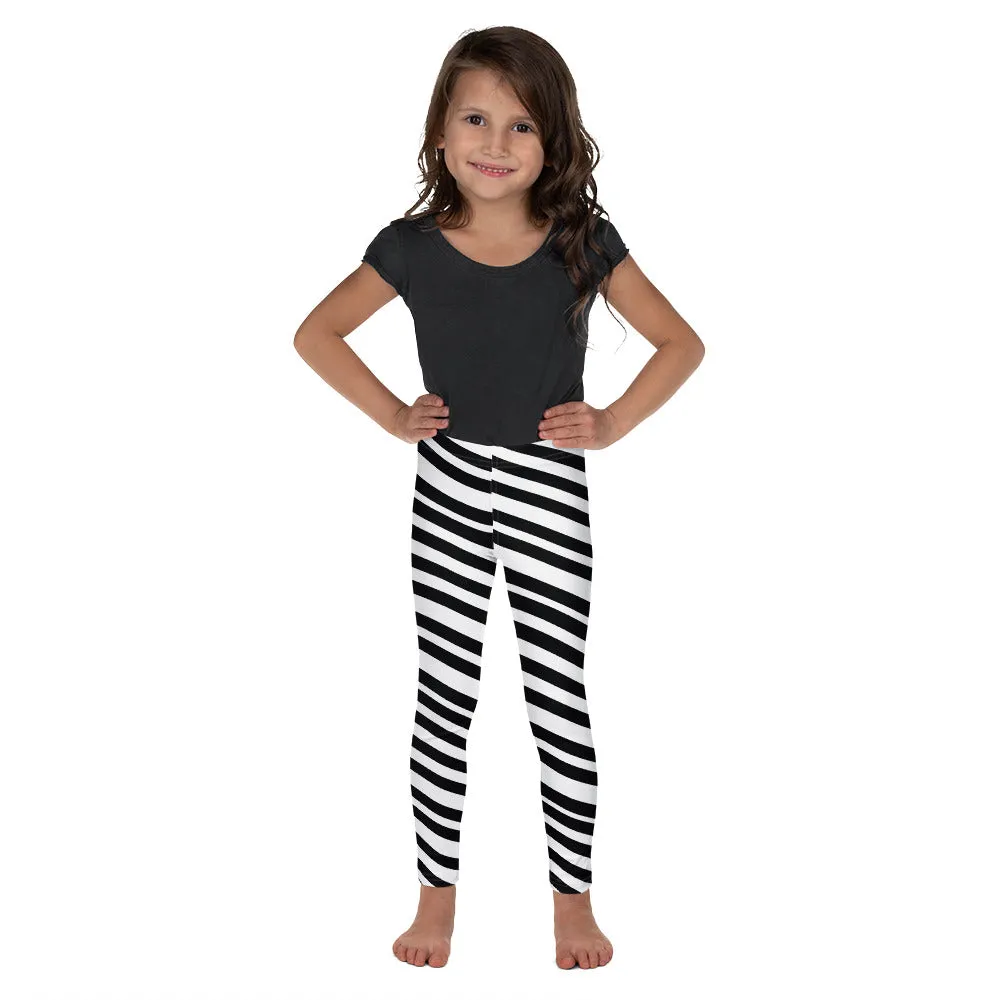 White Black Striped Kid's Leggings, Black White Diagonally Striped Kid's Fitness Tights-Made in USA/EU/MX
