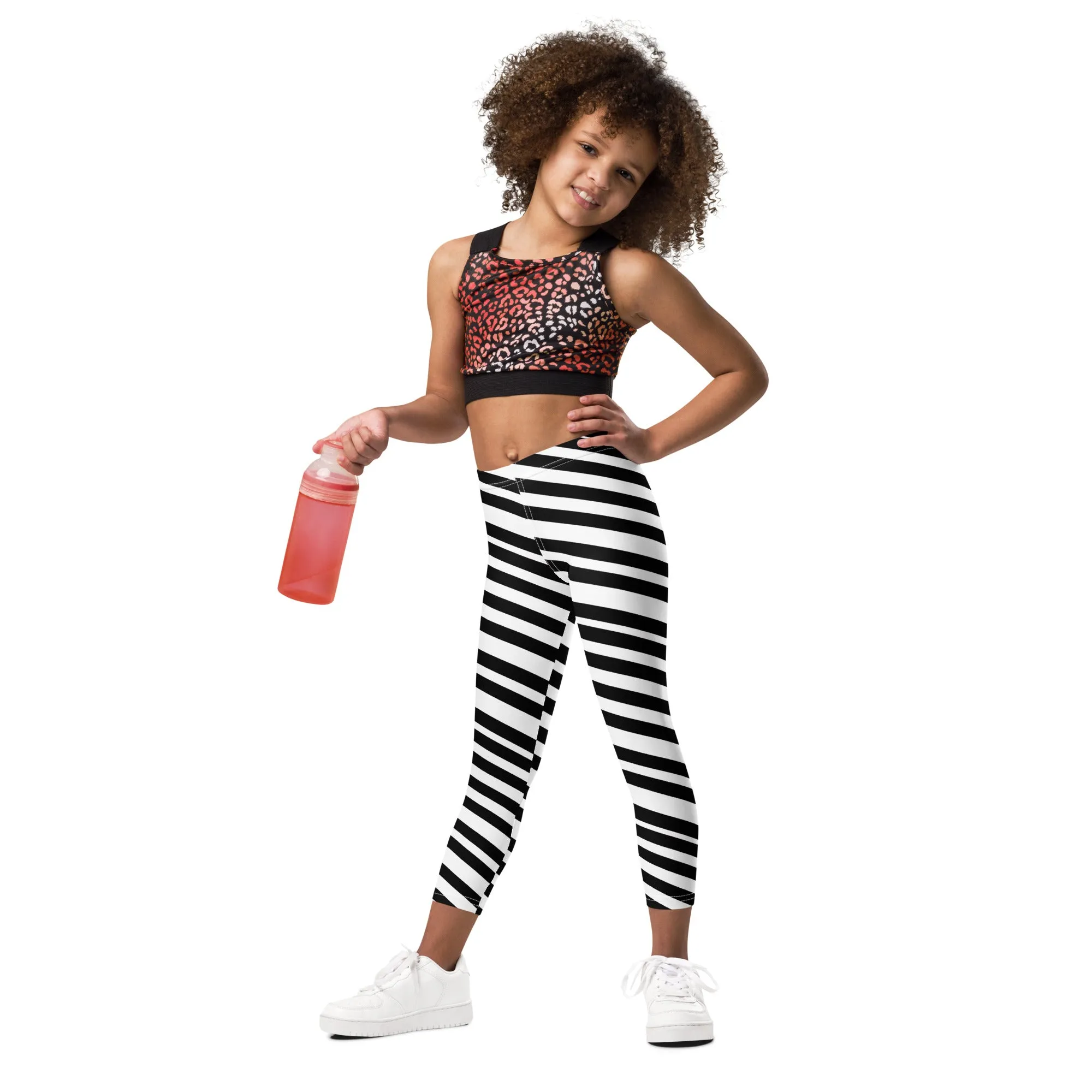 White Black Striped Kid's Leggings, Black White Diagonally Striped Kid's Fitness Tights-Made in USA/EU/MX