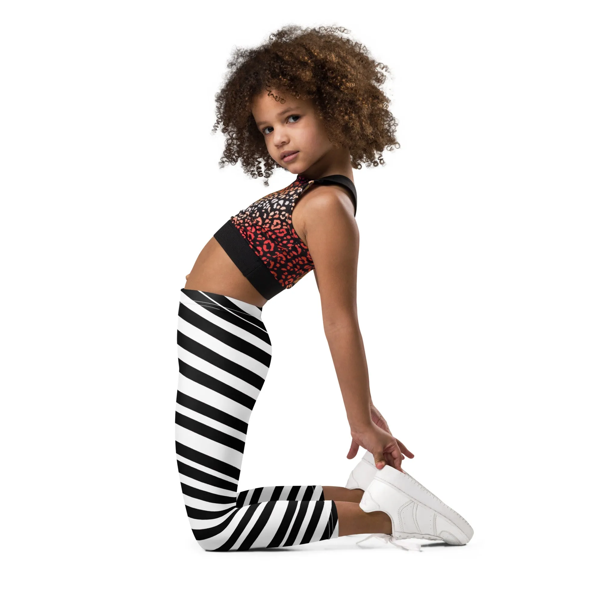 White Black Striped Kid's Leggings, Black White Diagonally Striped Kid's Fitness Tights-Made in USA/EU/MX