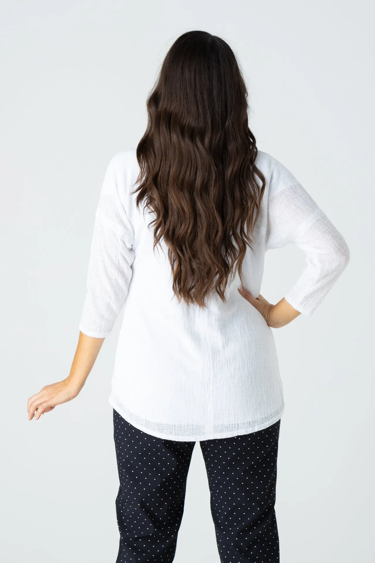 White Feature Stitched Poly/Rayon Knit 3/4 Sleeve Top