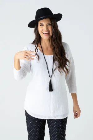 White Feature Stitched Poly/Rayon Knit 3/4 Sleeve Top