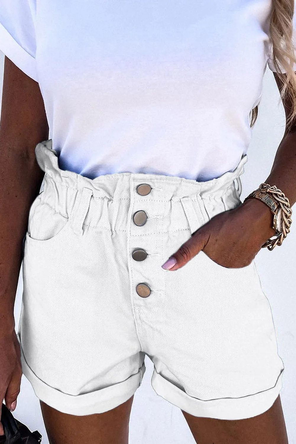 White Ruffled High Waist Buttoned Denim Shorts