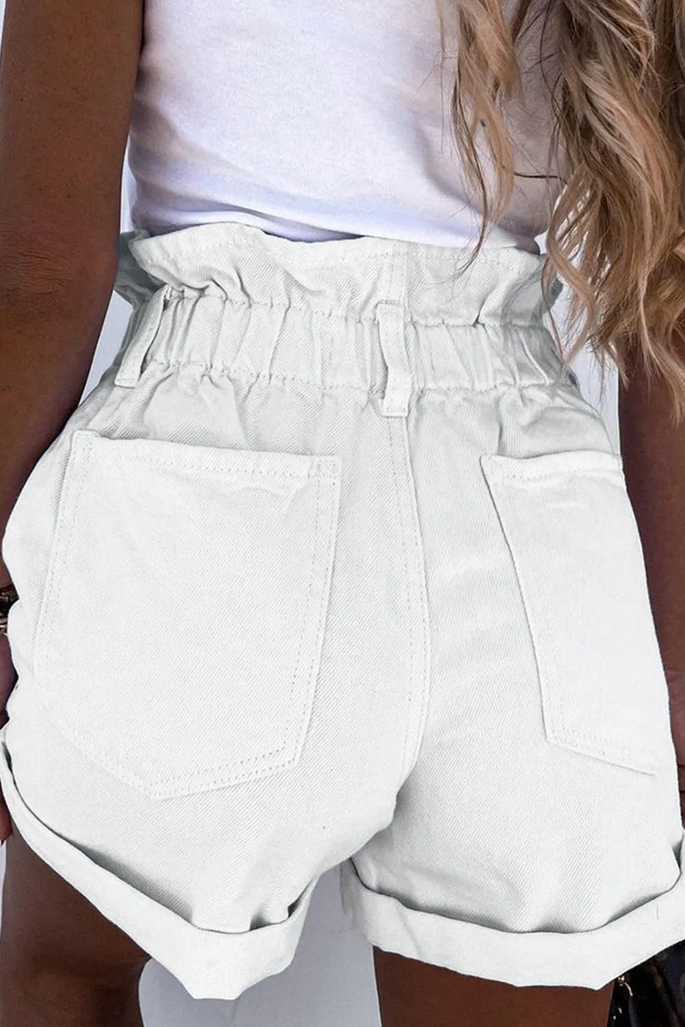 White Ruffled High Waist Buttoned Denim Shorts
