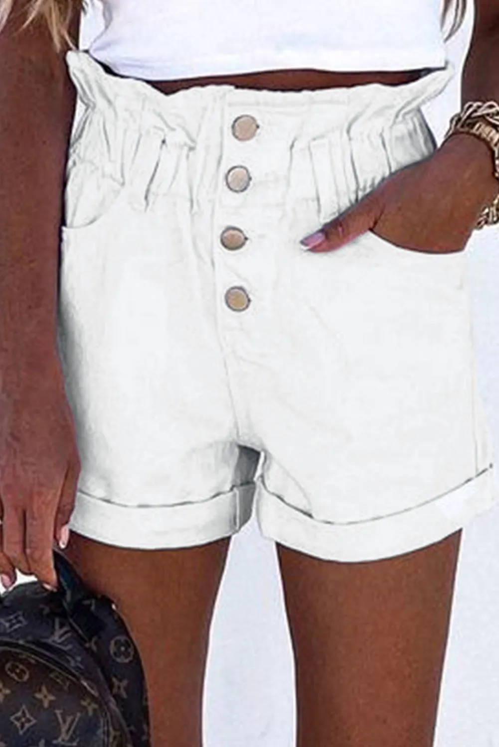White Ruffled High Waist Buttoned Denim Shorts
