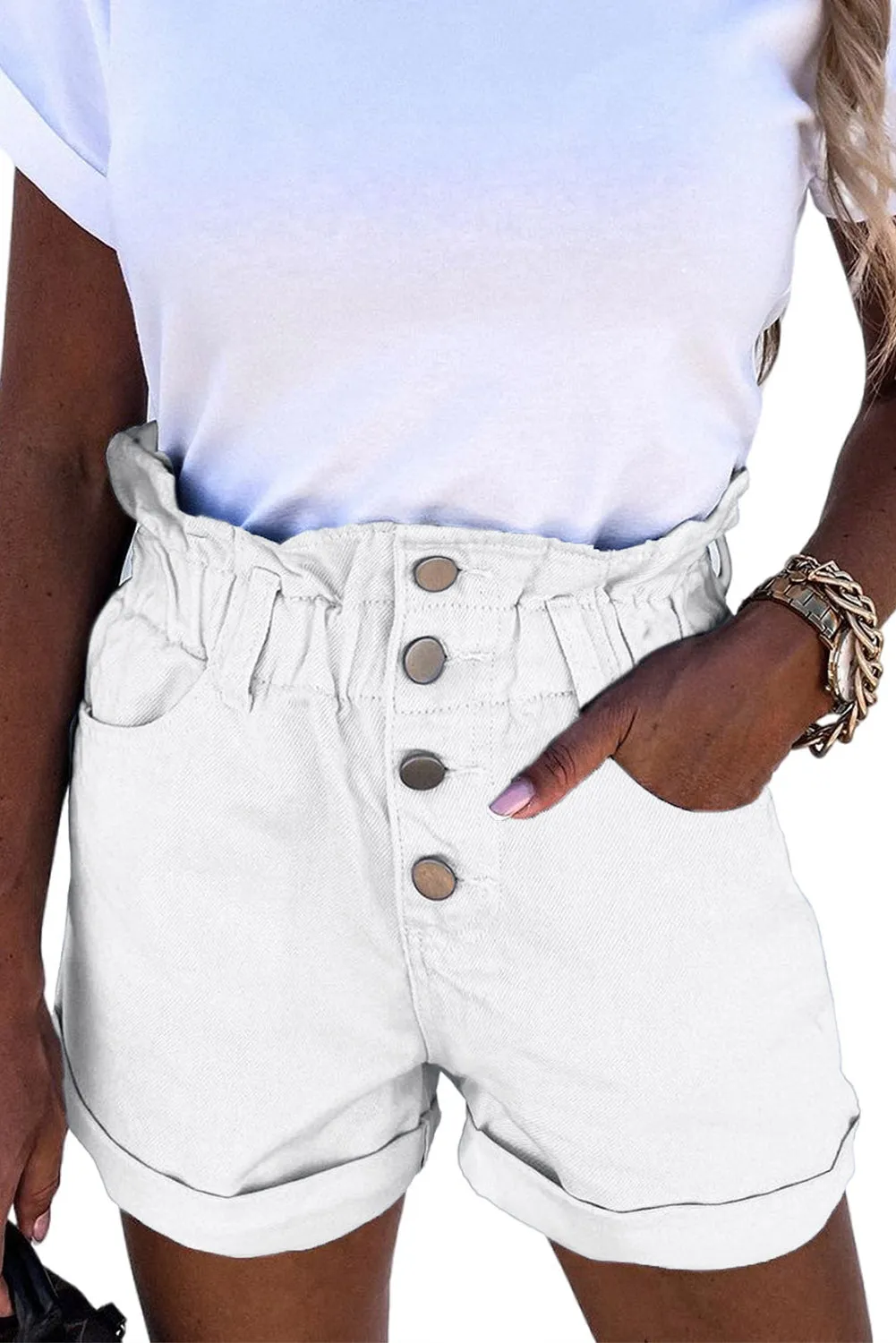 White Ruffled High Waist Buttoned Denim Shorts