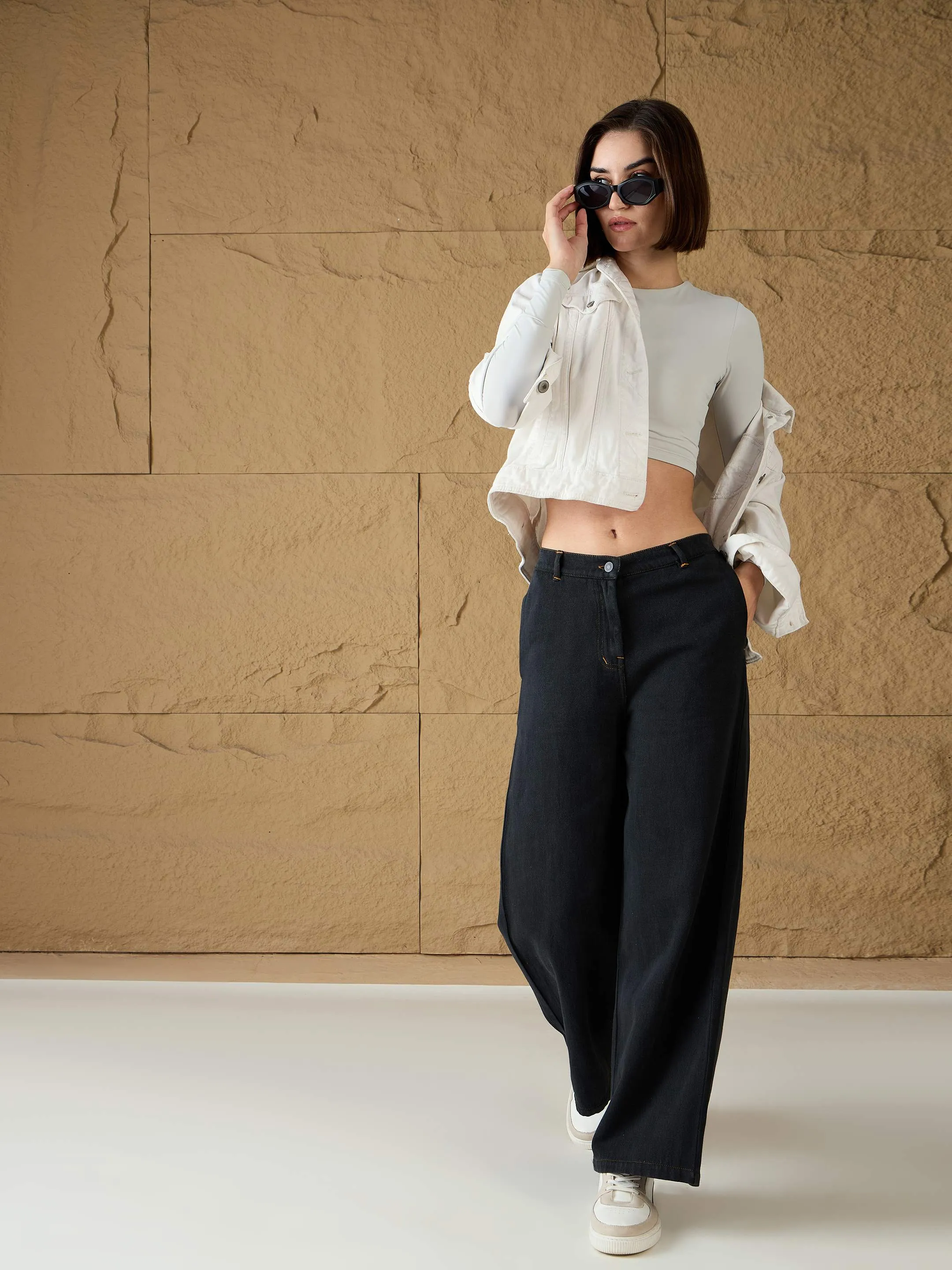 Women Charcoal Denim Flared Pants