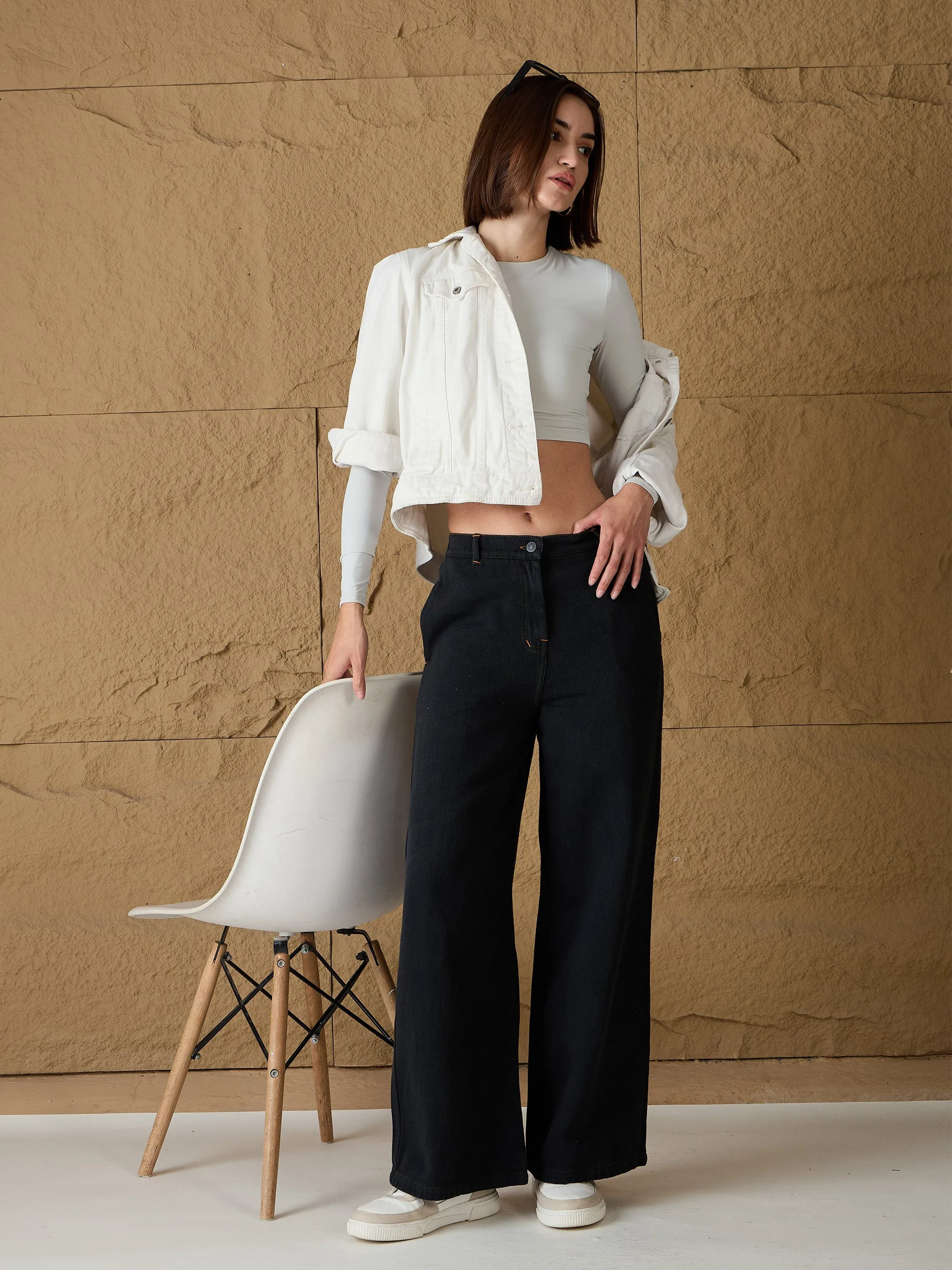 Women Charcoal Denim Flared Pants